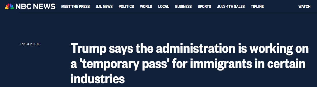 川普：或给部分无证劳工发“临时通行证”，不会驱逐