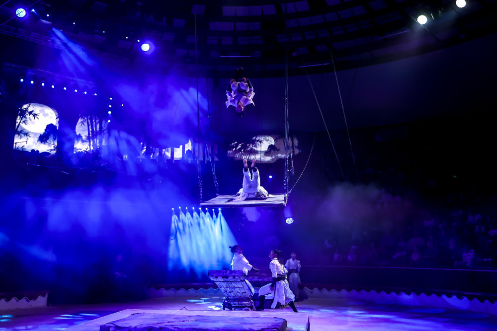 4月8日,在匈牙利首都布达佩斯,江苏省杂技团演员在表演《凌云踏浪——跳板秋千蹦床》。新华社发(鲍洛格·达维德摄)