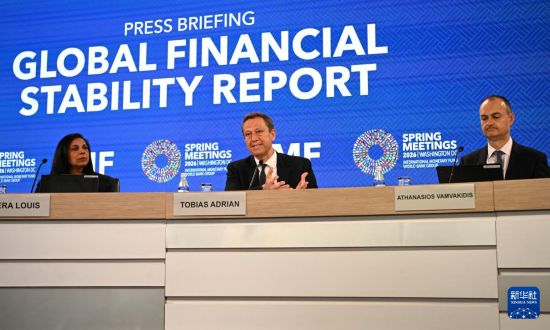4月14日，在美国华盛顿，国际货币基金组织（IMF）货币与资本市场部主任托比亚斯·阿德里安（中）在《全球金融稳定报告》新闻发布会上讲话。新华社记者 李睿 摄